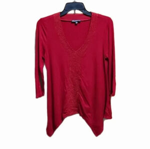Adrianna Papell Red V-Neck 3/4 Sleeve Asymmetrical Hem Blouse Top Size S